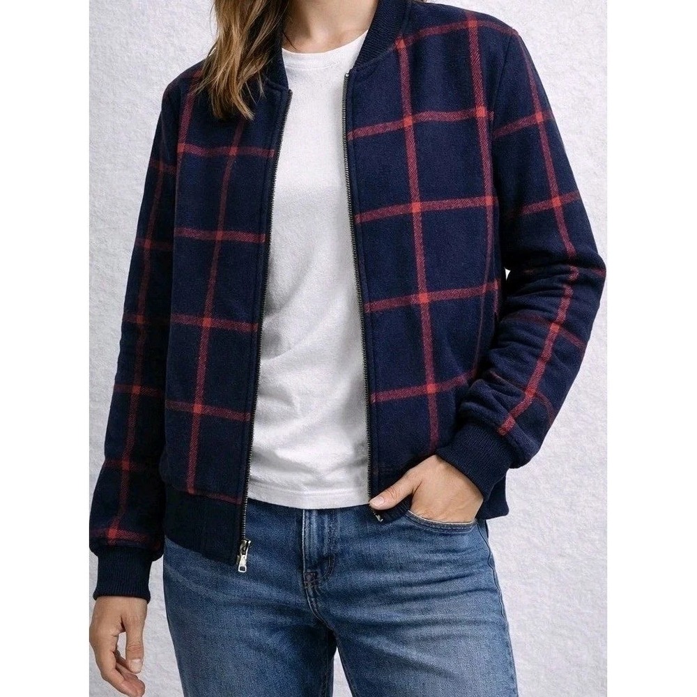 Old Navy Wool Blend Plaid Bomber Jacket Navy Red Sherpa Lined XL NWT 716773